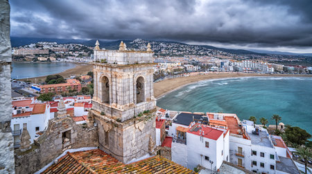 Panoramic View from the Castle, Peniscola, The Most Beautiful Villages in Spain, Costa de Azahar, Bajo Maestrazgo, Castellon, Valencian Community, Spain, Europeの写真素材