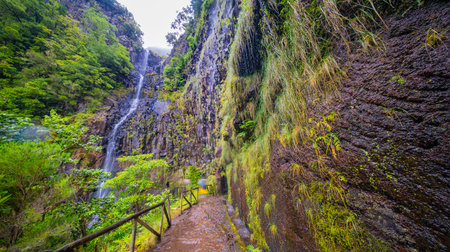 Levada do Risco, Mountain Footpath, Irrigation Channel Maintenance Trail, Madeira, Portugal, Europeの写真素材