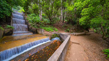 Levada Faja dos Rodrigues, Mountain Footpath, Irrigation Channel Maintenance Trail, Madeira, Portugal, Europeの写真素材