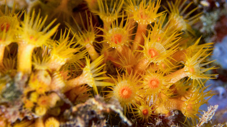 Yellow Encrusting Sea Anemone, Parazoanthus axinellae, Cabo Cope Puntas del Canegre Natural Park, Mediterranean Sea, Murcia, Spain, Europeの写真素材