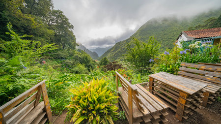 Panoramic View from Vereda dos Balcoes PR11 Mountain Footpath, Irrigation Channel Maintenance Trail, Madeira, Portugal, Europeの写真素材