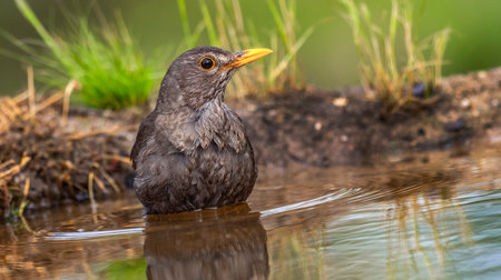Blackbird, Turdus merula, Forest Pond, Mediterranean Forest, Castilla y Leon, Spain, Europeの写真素材