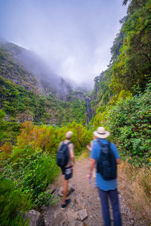 Levada do Risco, Mountain Footpath, Irrigation Channel Maintenance Trail, Madeira, Portugal, Europeの写真素材