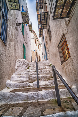 Traditional Architecture, Street Scene, Peniscola, The Most Beautiful Villages in Spain, Costa de Azahar, Bajo Maestrazgo, Castellon, Comunidad Valenciana, Spain, Europeの写真素材