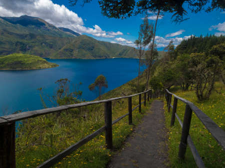 Cuicocha, volcanic origined lake panorama view near Cotacachi, Ecuadorの写真素材