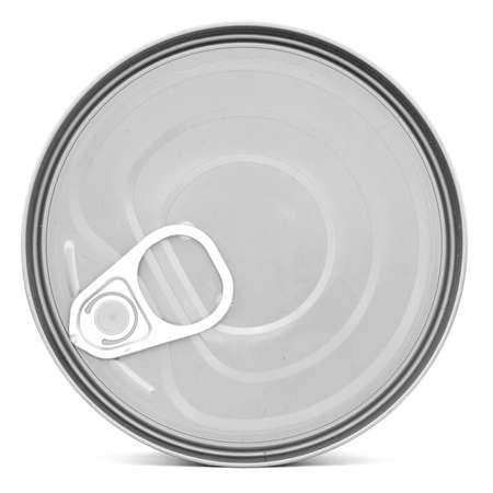 Silver shiny top of food can with pull-ring, isolated