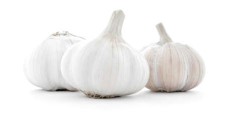 Three natural whole garlic bulbs, isolated on white backgroundの写真素材