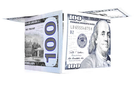 Blue money shack, dollar cabin, currency hutch banknote house
