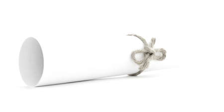 White letter scroll tied with string, handmade natural bow, isolatedの写真素材