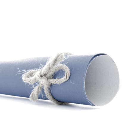 Handmade natural rope node tied on blue message scroll, isolated