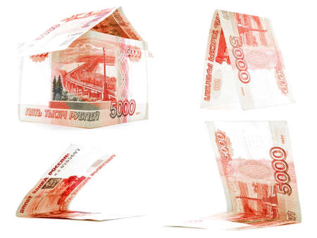 Bright 5000 russian ruble set, rouble house, isolated, white backgroundの写真素材