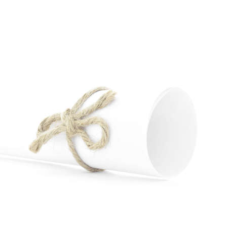 Handmade natural cord bow tied on white paper roll, isolatedの写真素材