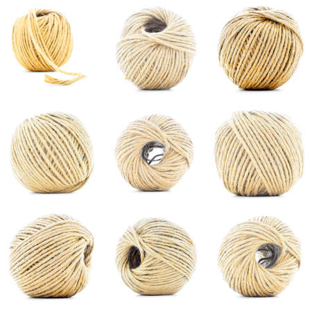 Natural rope skein, hemp roll collection, isolated on white background