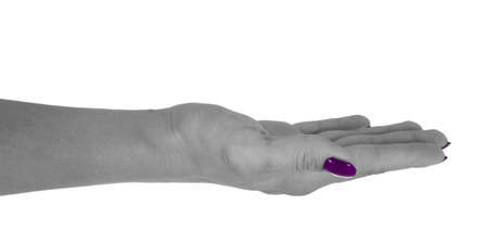 Palm up giving anything, middle-aged female's skin, magenta manicure. Isolated on white background.の写真素材