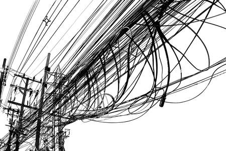 Light pole with power lines busy. On the background of white sky.