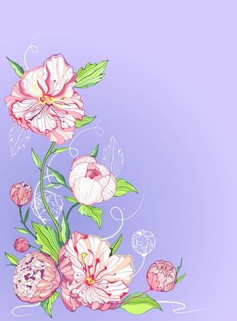 Blue background with gentle pink and white peony flowersのイラスト素材