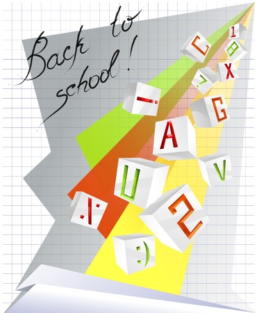 3D volume letters and shiny red, green and orange figures and signs on the list of paperのイラスト素材