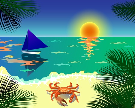 Beautiful tropical view with beach, boat, crab and palm leavesのイラスト素材