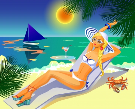 Beautiful tanned girl in white bikini having a rest on a beach with a coctailのイラスト素材