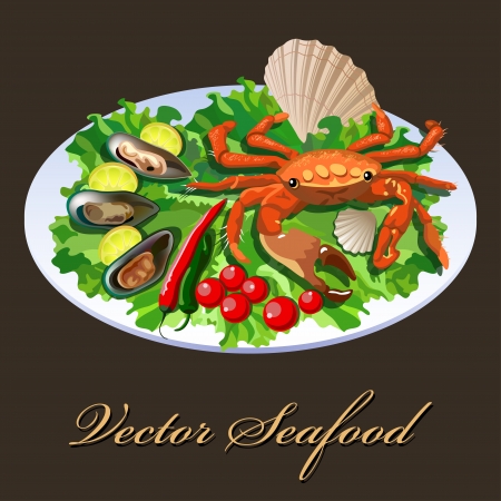 Crab in the dish with salad, tomatos and molluscs with lemon slicesのイラスト素材