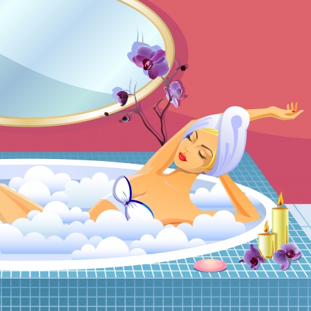 Beautiful girl having a rest in the blue round bathのイラスト素材