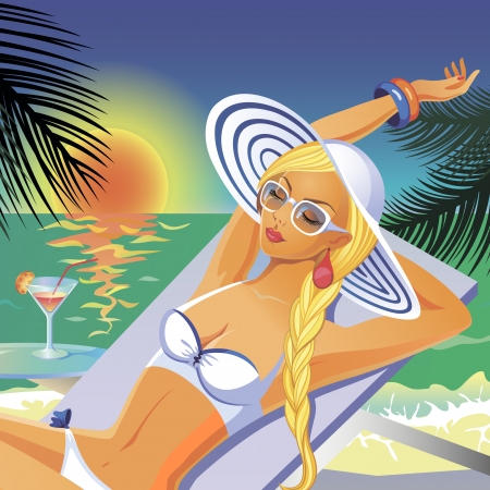 Beautiful tanned girl in white bikini and hat having a rest on a beach with a coctailのイラスト素材