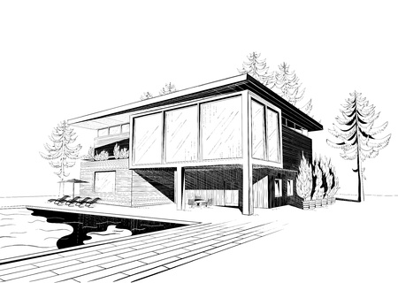 black and white sketch of modern suburban wooden house with swimmingpool and chaise loungesのイラスト素材