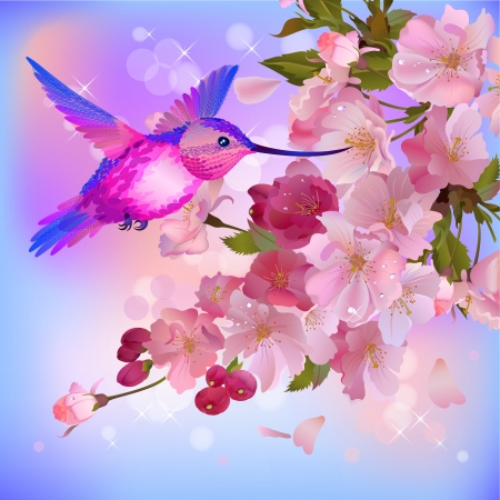 spring background with gentle branch of beautiful cherry flowers and flitting humming-birdのイラスト素材