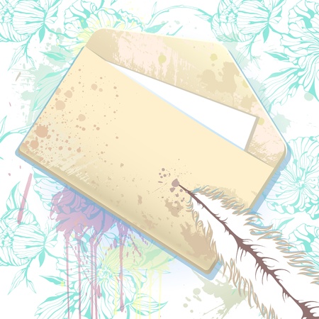 card with grunge envelope on the splash floral background with peonysのイラスト素材