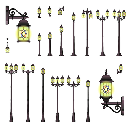 Vector set of isolated Street lanterns in style  London  with different types of stands and openwork convoluted detailsのイラスト素材