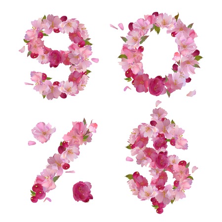 Vector figures 9,0 and signs   and   with gentle pink spring sakura flowersのイラスト素材