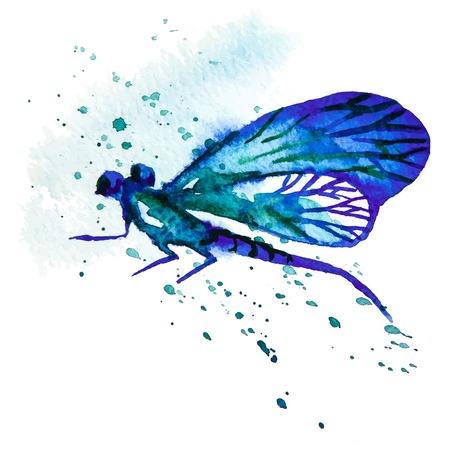 Vector greeting background with beautiful watercolor flying blue dragonflyのイラスト素材