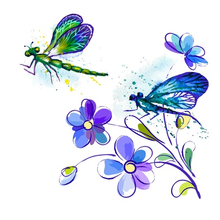Vector greeting background with beautiful watercolor flying blue and green dragonflies and violet flowersのイラスト素材