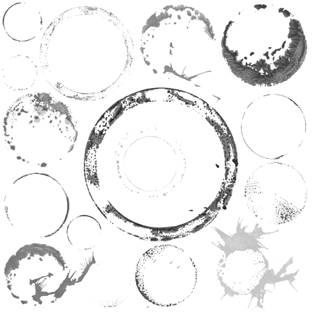 Vector Set of Black and White Grunge Watercolor Paint Circles Stampsのイラスト素材