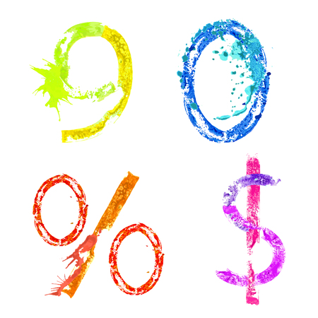 Colorful paint splash alphabet figures 9,0, percent and dollar signsのイラスト素材