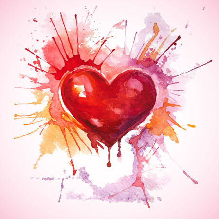 Vector Valentine s Day greeting card with a hand-drawn painted red watercolor heart with orange and pink splashesのイラスト素材