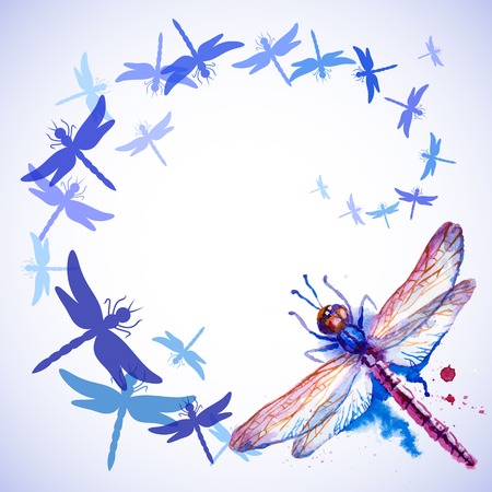 Vector greeting with beautiful watercolor flying violet and blue dragonfliesのイラスト素材