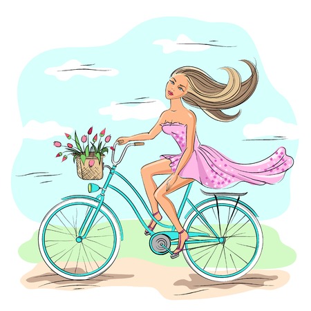Beautiful young girl riding on the blue bikeのイラスト素材