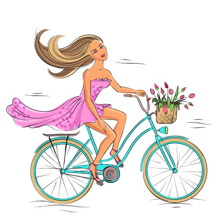 Beautiful young girl riding on the blue bike isolated on the white のイラスト素材