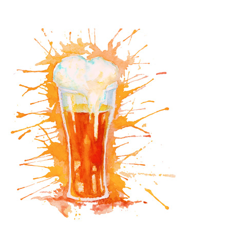 Watercolor glass of fresh beer with foam and splashes isolatedのイラスト素材