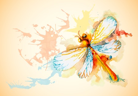 Vector grunge horizontal background with beautiful watercolor flying orange dragonflyのイラスト素材