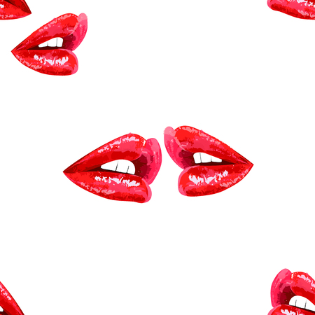 Vector seamless abstract white pattern with sensual shiny red lipsのイラスト素材