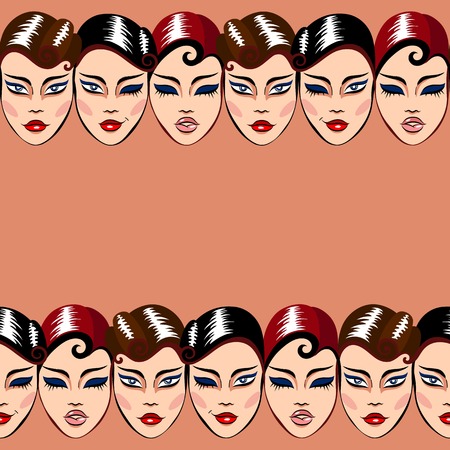 Vector seamless pattern with rows of woman facesのイラスト素材