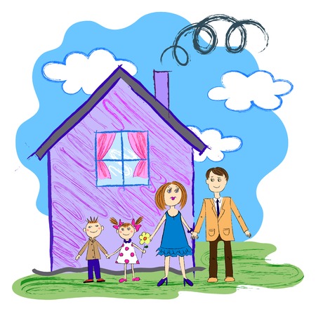Vector Crayon Kids Sketch With Happy Family, Mother, Father and Children with Houseのイラスト素材
