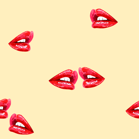 beige seamless abstract pattern with sensual shiny red lipsのイラスト素材