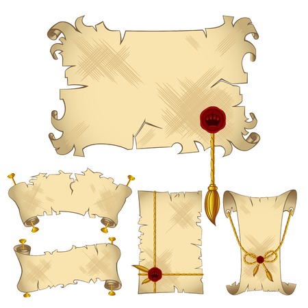 Ancient old parchment scroll banners with gold royal details,isolated on the white backgroundのイラスト素材