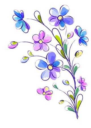 White greeting vertical background with pictorial blue and violet branch of flowersのイラスト素材