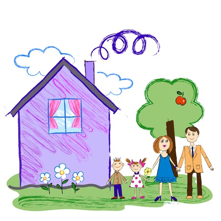 Crayon Kids Sketch With Happy Family, Mother, Father and Children with House and apple tree,isolated on the white backgroundのイラスト素材