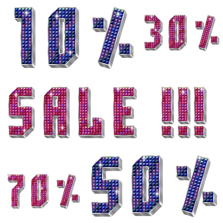 volume inscription Sale, figures and percents with shiny rhinestones and metal silver framing,in two versions of colours,isolated on the white backgroundのイラスト素材