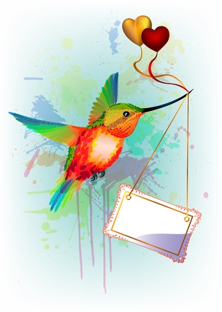 Rainbow humming-bird with empty card for text, gold and red hearts, on the vertical splash backgroundのイラスト素材